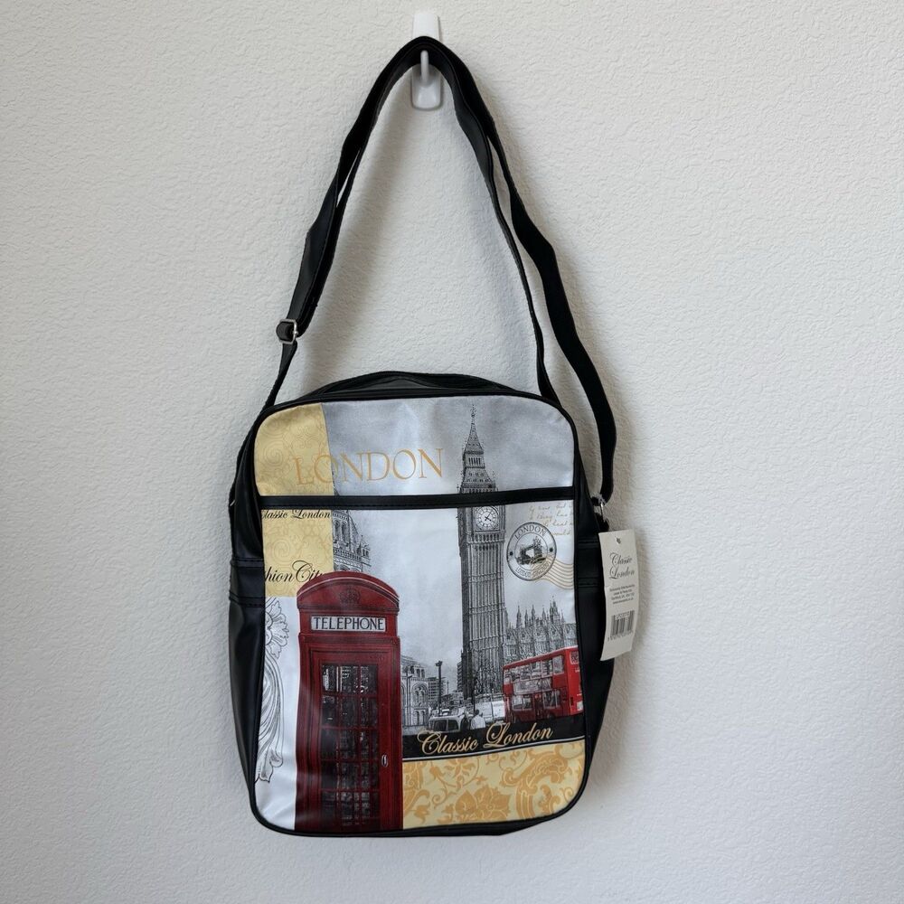 Classic London Messenger Shoulder Bag Big Ben Telephone Booth Prints Black